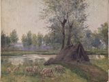 un tableau représentant un troupeau de moutons paissant dans un champ