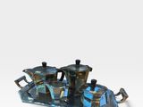 an image of a blue tray with four teapots and two cups