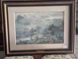 a picture of a painting hanging on a wall above a pair of stools