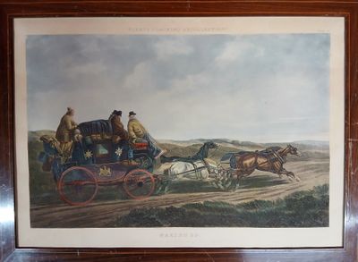 tableau représentant une calèche tirée par deux hommes