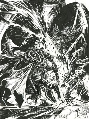 un dessin en noir et blanc représentant un démon attaquant un autre démon