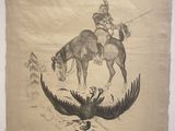 dessin représentant un homme à cheval, avec un oiseau au premier plan