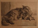 painting of a cat and her kitten resting on a table