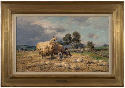 an image of a painting of a sheep and a dog in a field