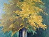 painting of a yellow tree in a blue vase on a table