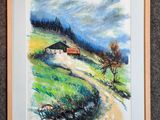 une peinture représentant une maison sur une colline, avec des arbres et de l'herbe