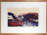painting of a red, white, and blue abstract painting in a wooden frame