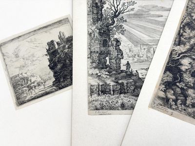 three drawings of a landscape with a tree and a castle