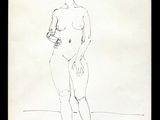 drawing of a woman standing on a beach with her hands in her pockets