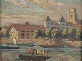 a painting of a town by the water with boats in the water