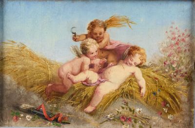 une image représentant un tableau montrant un couple de chérensils dans un champ de foin