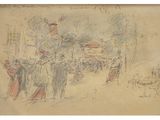 an image of a drawing of a group of people walking down a street