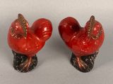 pair of red rooster salt and pepper shakers with gold accents