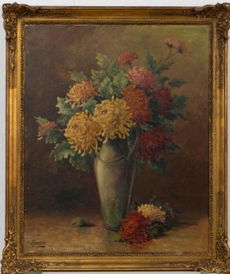 painting of flowers in a vase on a table with a brown background