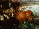 a painting of a cow and other animals by a river