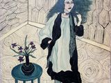 a painting of a woman standing in front of a vase of flowers