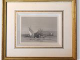 painting of boats on the water in a gold frame on a wall