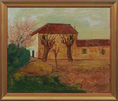 une peinture à l'huile représentant une maison et des arbres dans un champ