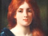 tableau représentant une femme aux cheveux roux vêtue d'une robe bleue