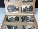 an old photo of a book with pictures of buildings and people on it
