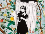un tableau représentant une femme tenant un parapluie sous la pluie