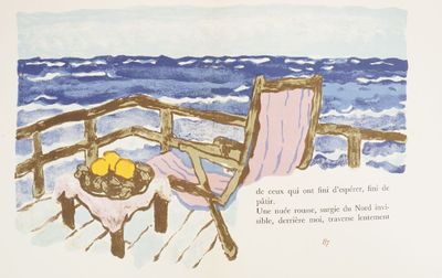 a painting of a chair and a bowl of fruit on a table