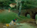 a painting of a woman washing her hands in the water