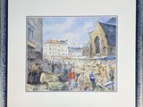 tableau représentant une scène de marché avec une église en arrière-plan