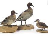 trois canards qui se tiennent debout sur un morceau de bois