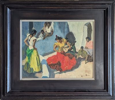 painting of a woman in a red dress and a man in a green dress