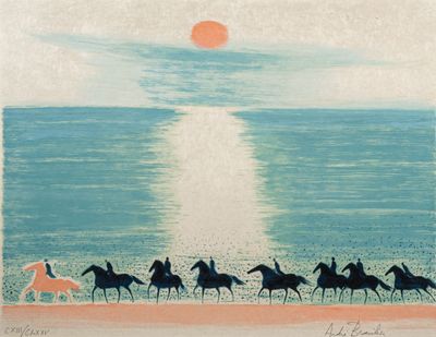 tableau représentant un groupe de chevaux galopant sur une plage, avec le soleil en arrière-plan