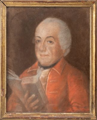 un vieux tableau représentant un homme vêtu d'un manteau rouge tenant un livre