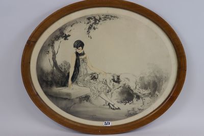 an old picture of a woman sitting on a bench with a dog