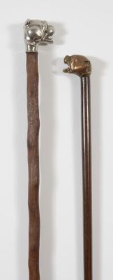 Lot de deux cannes décoratives, l'une à fût en palissandre, l'autre à  - Photo 1