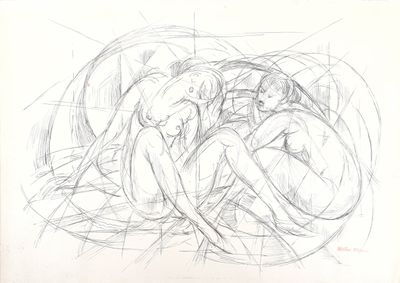 drawing of a group of nudes sitting in a circle on top of each other