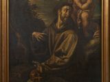 a painting of a man sitting in front of a book with a dog