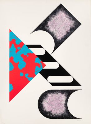 une affiche en noir et blanc sur laquelle figurent un triangle rouge et un triangle bleu
