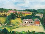 an oil painting of a landscape with houses in the distance