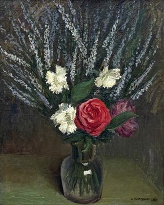 une peinture de fleurs dans un vase sur une table