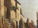 un tableau représentant une scène de rue avec un bâtiment et un cheval