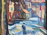 une peinture à l'huile représentant un homme marchant dans une rue, près d'un arbre