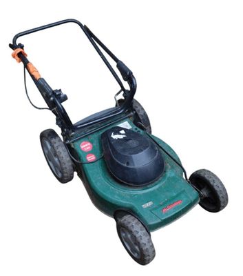a green lawn mower sitting on top of a white surface