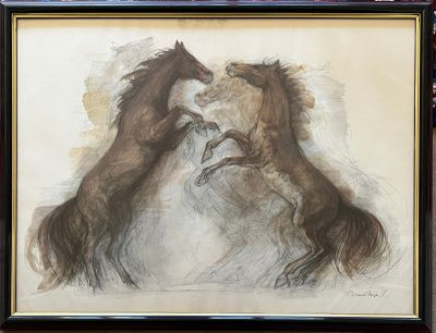 painting of two horses fighting with each other in front of a wall