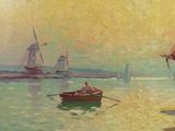 a painting of a man standing on a beach next to a boat