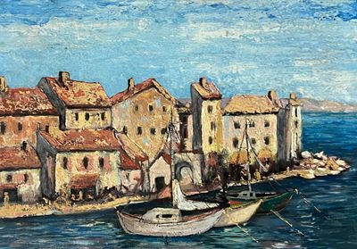 a painting of a boat in the water near a small town