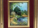a painting of a man fishing on a river with trees in the background