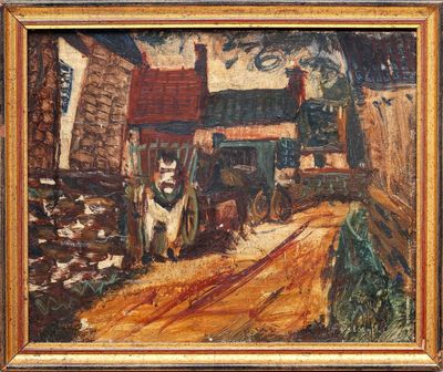 une peinture à l'huile représentant une calèche devant une grange