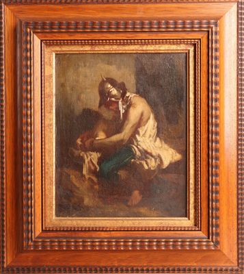 an old painting of a woman washing a dog in a wooden frame