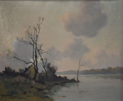 une peinture à l'huile représentant un lac avec quelques arbres au premier plan