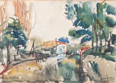 drawing of a painting of a landscape with trees and buildings